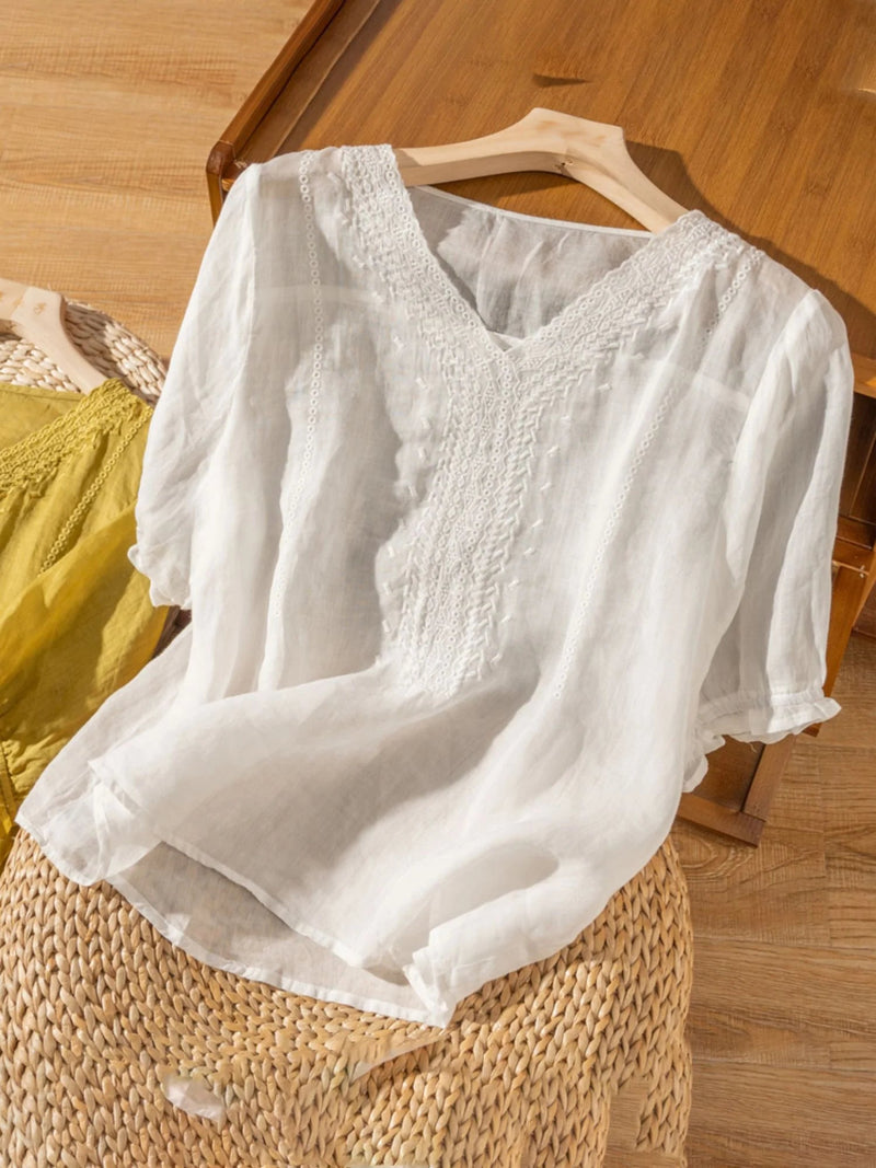 Color V Neck Short Sleeve Linen Top