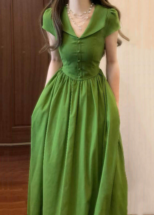 Green V Neck Wrinkled High Waist Cotton Maxi Dresses Summer