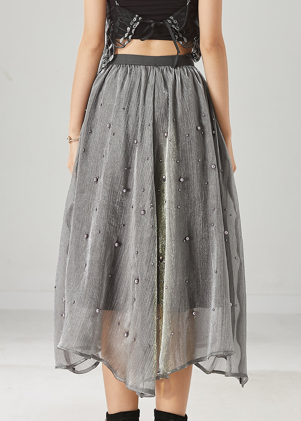 Classy Grey Nail Bead Tulle a Line Skirt Spring