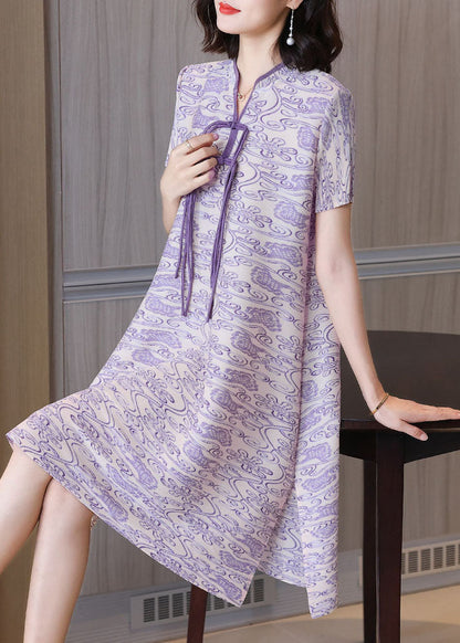 Purple Print Silk Mid Dress Stand Collar Draping Short Sleeve
