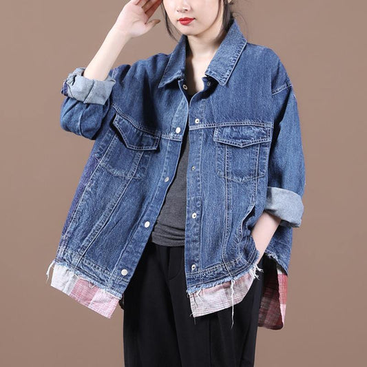 French Lapel Patchwork Fine Fall Clothes for Denim Blue Dresses Coats