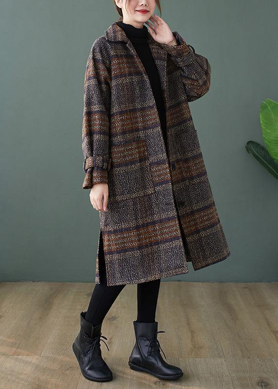 Plaid Fine Maxi Coat Shape Lapel Side Open Coats