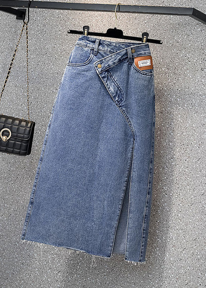 Style Denim Light Blue High Waist Side Open Button Asymmetrical Pockets Cotton a Line Skirts Cozy
