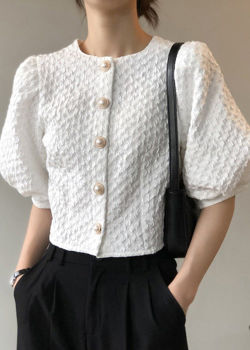 White O Neck Button Cotton Shirt Top Summer