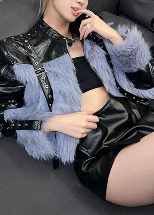 Blue Stand Collar Zippered Faux Leather Coat Fall