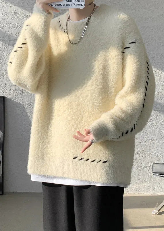 Simple Beige O Neck Mink Hair Knitted Sweater Winter