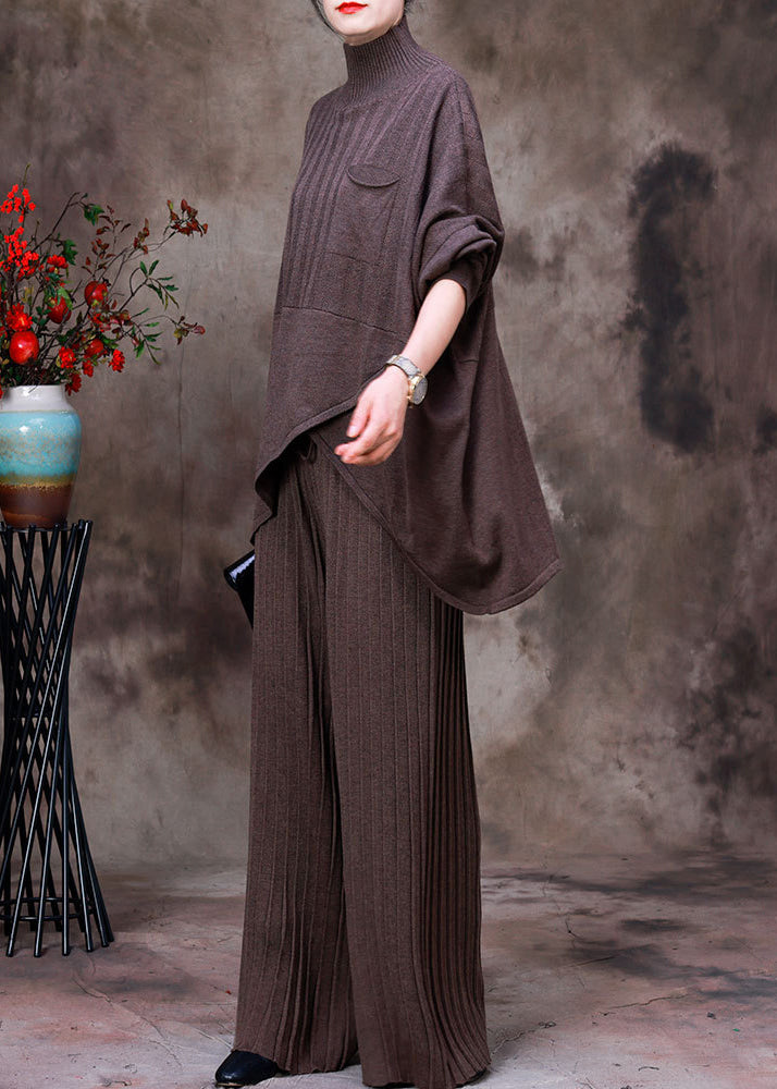 Dark Coffee Colour Asymmetrical Knit Sweaters and Pants Two Piece Set Fall