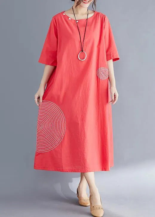 Modern O Neck Embroidery Cotton Tunic Top Work Outfits Red Maxi Dresses Summer
