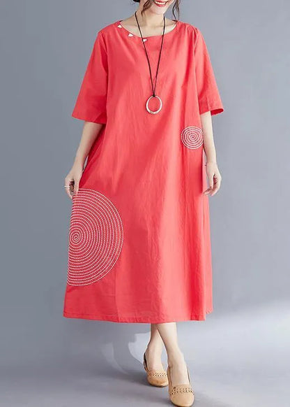 Modern O Neck Embroidery Cotton Tunic Top Work Outfits Red Maxi Dresses Summer