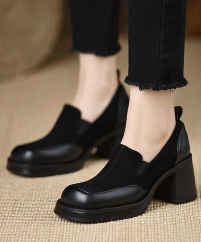 Faux Leather Chunky Splicing Black Loafer Shoes