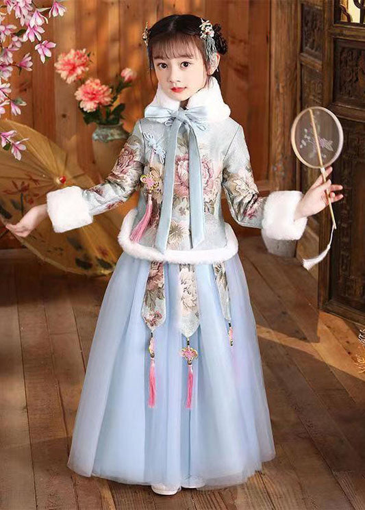Blue Fur Collar Print Button Coats and Tulle Maxi Skirts Two Pieces Set Long Sleeve