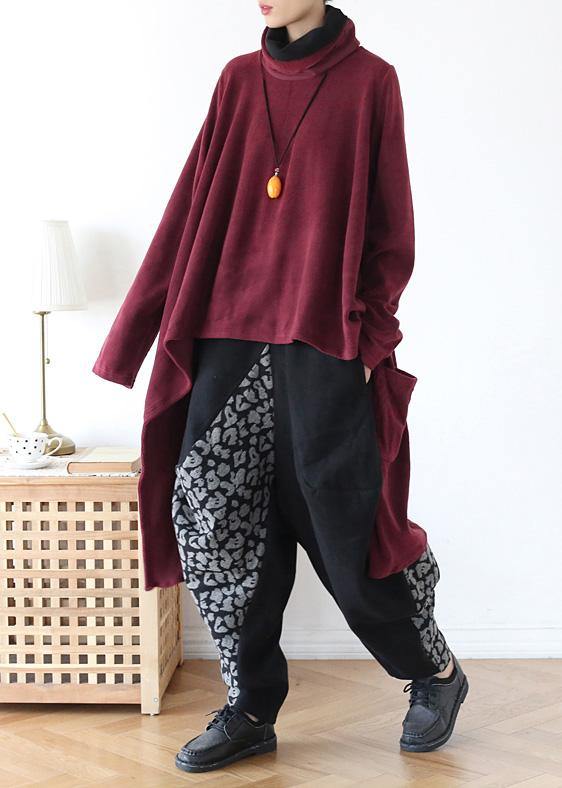 High Neck Red Knit Sweat Tops Clothing Asymmetric Hem Knit Blouse