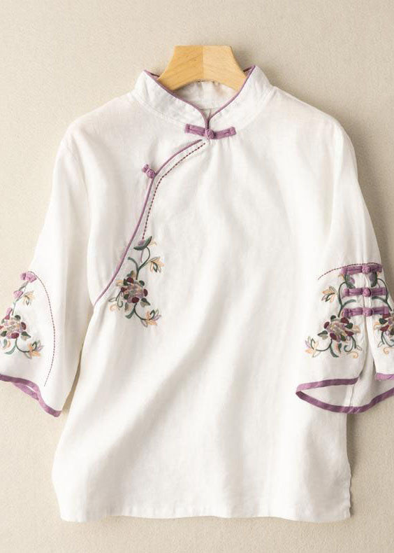 White Embroidered Button Blouse Tops Half Sleeve