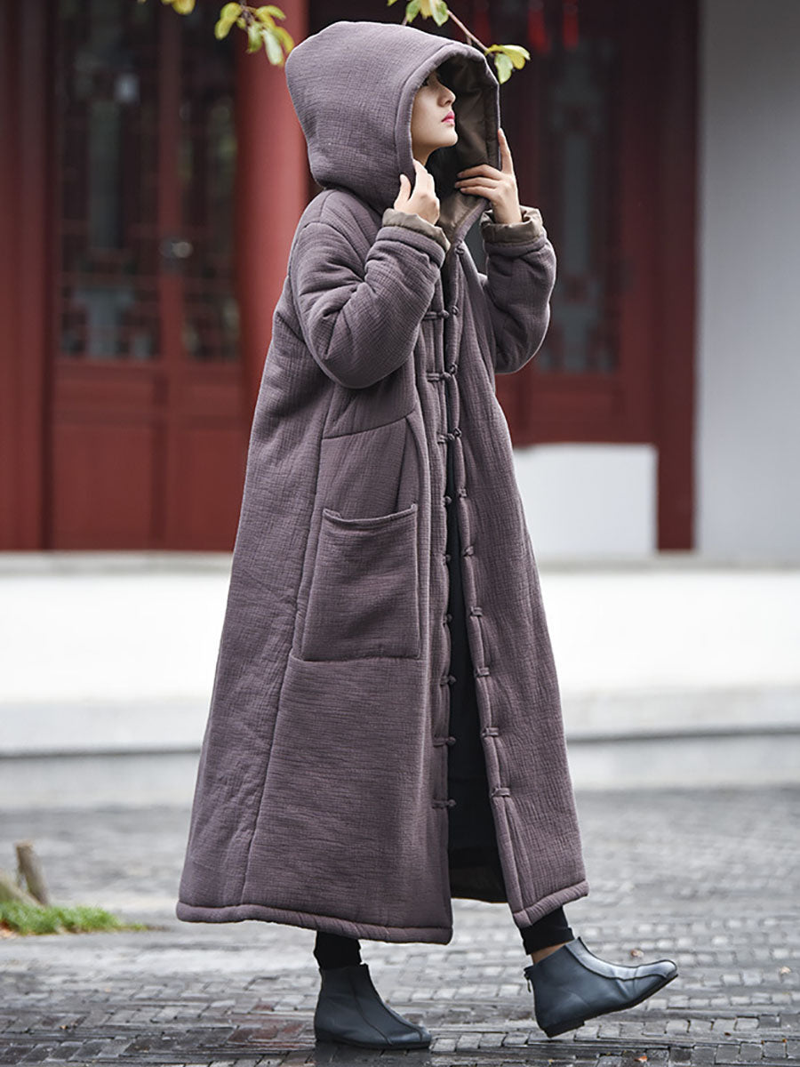 Winter Frog Pocket Hooded Long Coat