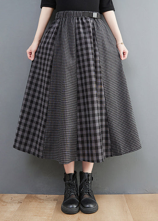 Simple Black Plaid Elastic Waist Patchwork a Line Skirt Spring