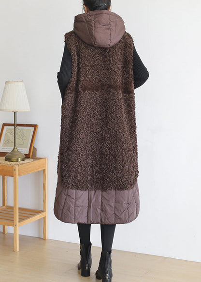 Coffee Colour Zippered Pockets Woolen Cotton Hooded Waistcoat Sleeveless