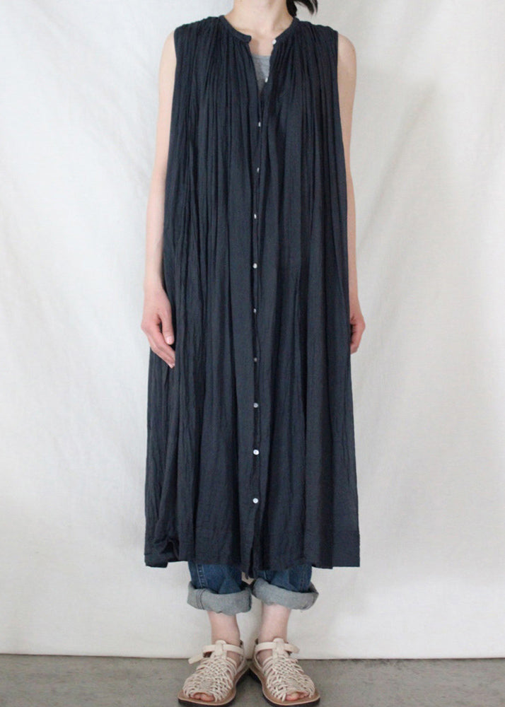 Loose Dark Blue O-neck Wrinkled Button Maxi Shirt Dresses Sleeveless