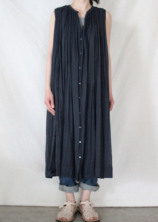 Loose Dark Blue O-neck Wrinkled Button Maxi Shirt Dresses Sleeveless
