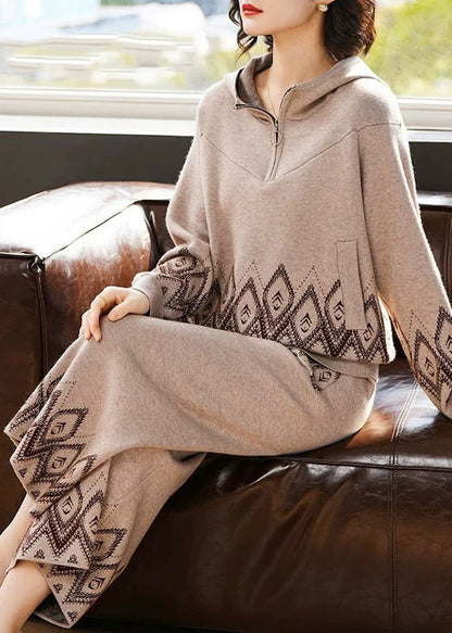 Print Patchwork Cotton Knit Hooded Coats and Wide Leg Pants Two Pieces Set Fall
