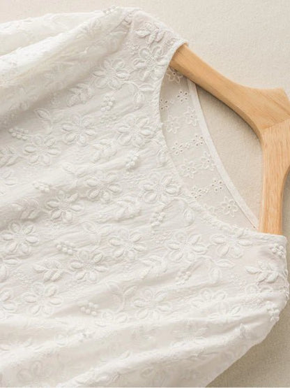 Embroidered Round Neck Half Sleeve Linen Tee Top