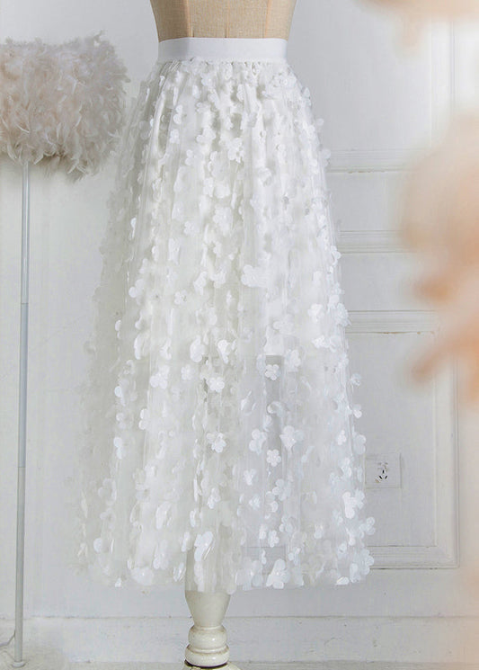 White Decorated High Waist Tulle Skirt Summer