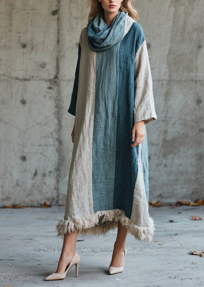 Mixed Color Oversized Patchwork Faux Fur Maxi Dress Fall