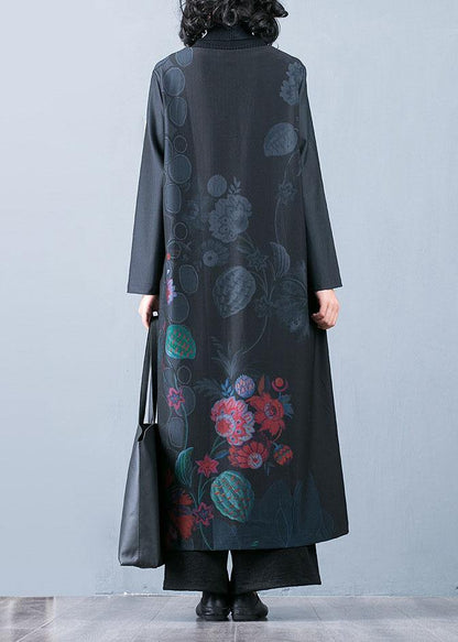 Fine Black Prints Overcoat Long Jackets Fall Trench Coats Chinese Button
