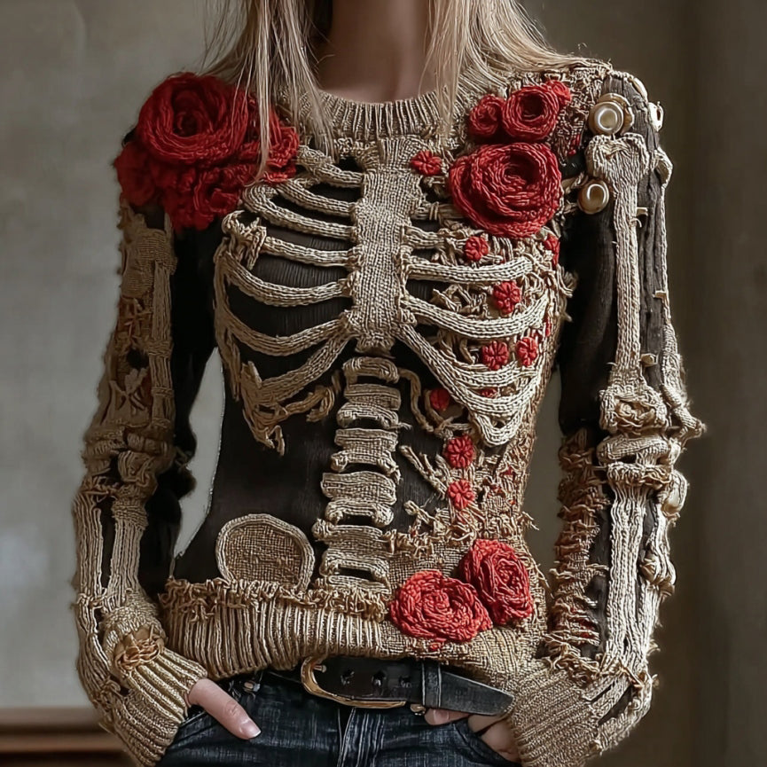 Comstylish Women's Vintage Halloween Skeleton Red Rose Art Knit Pullover Sweater