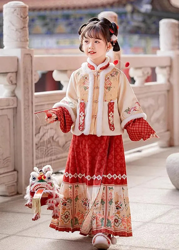 Handmade Beige Stand Collar Patchwork Warm Kids Coats and Maxi Skirts Two Pieces Set Winter