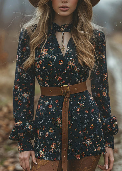 Pastoral Style V Neck Print Cotton Short Dress Spring