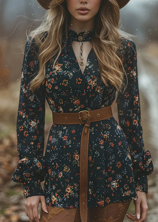 Pastoral Style V Neck Print Cotton Short Dress Spring