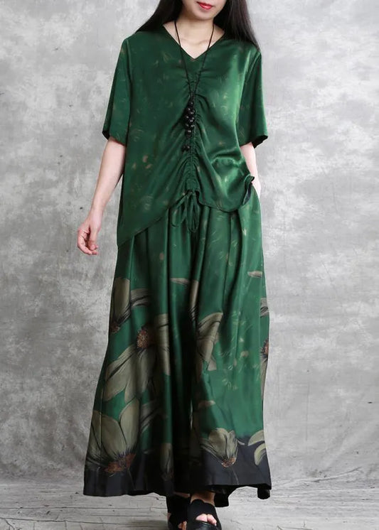 20 Summer Retro Suit Female Green V-neck Five-point Sleeve Shirt + Big Swing Skirt Pants