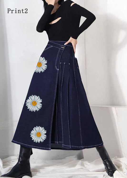 Denim Blue-print2 Zippered Asymmetrical Design Summer Skirt