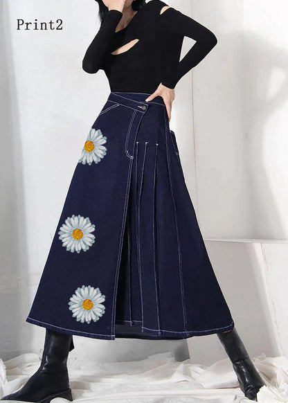Denim Blue-print1 Zippered Asymmetrical Design Summer Skirt