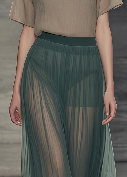 Tea Green Elastic Waist Tulle Pleated Skirts Summer