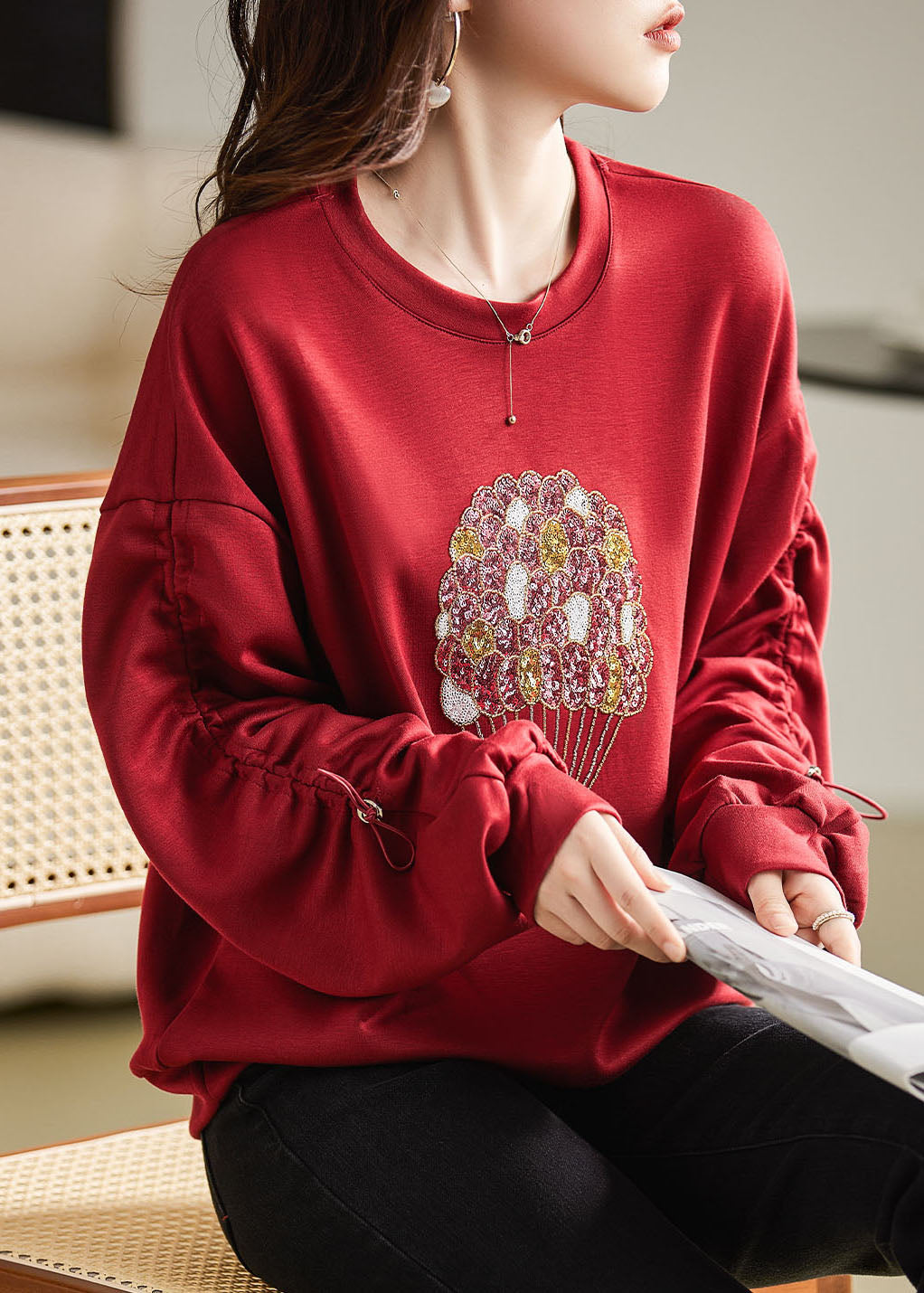 French Red O-neck Nail Bead Cozy Sweatshirt Fall