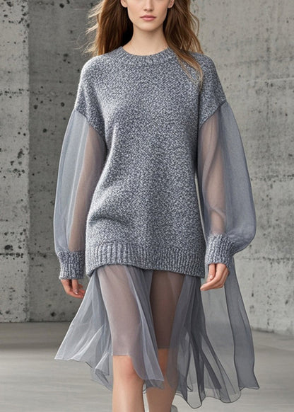 Grey Oversized Patchwork Tulle Knitted Dress Fall