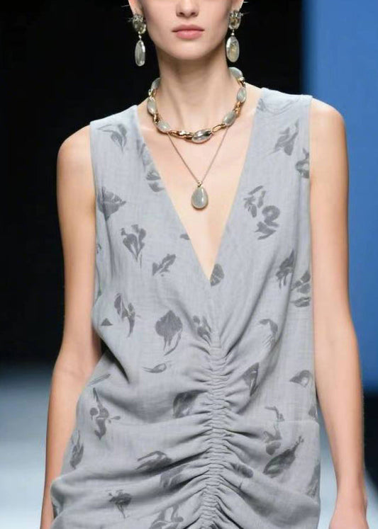 Grey Wrinkled Side Open Cotton Tea Dress Summer
