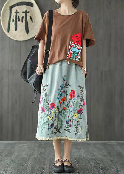 Dark Blue Embroideried Tasseled a Line Summer Skirts Denim