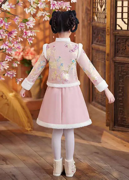 Pink Stand Collar Button Coats and Skirts Two Pieces Set Winter
