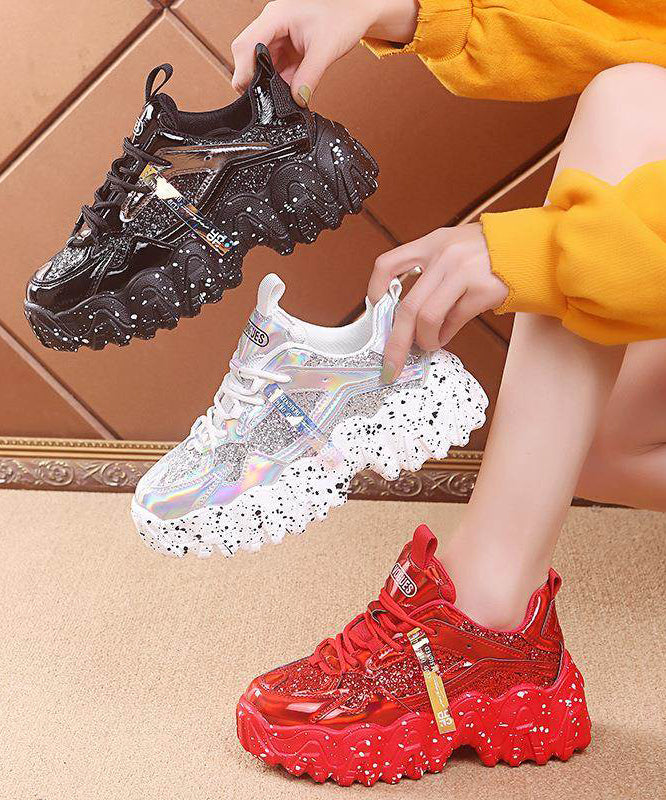 Red Platform Shoes Cowhide Leather Splicing Lace Up