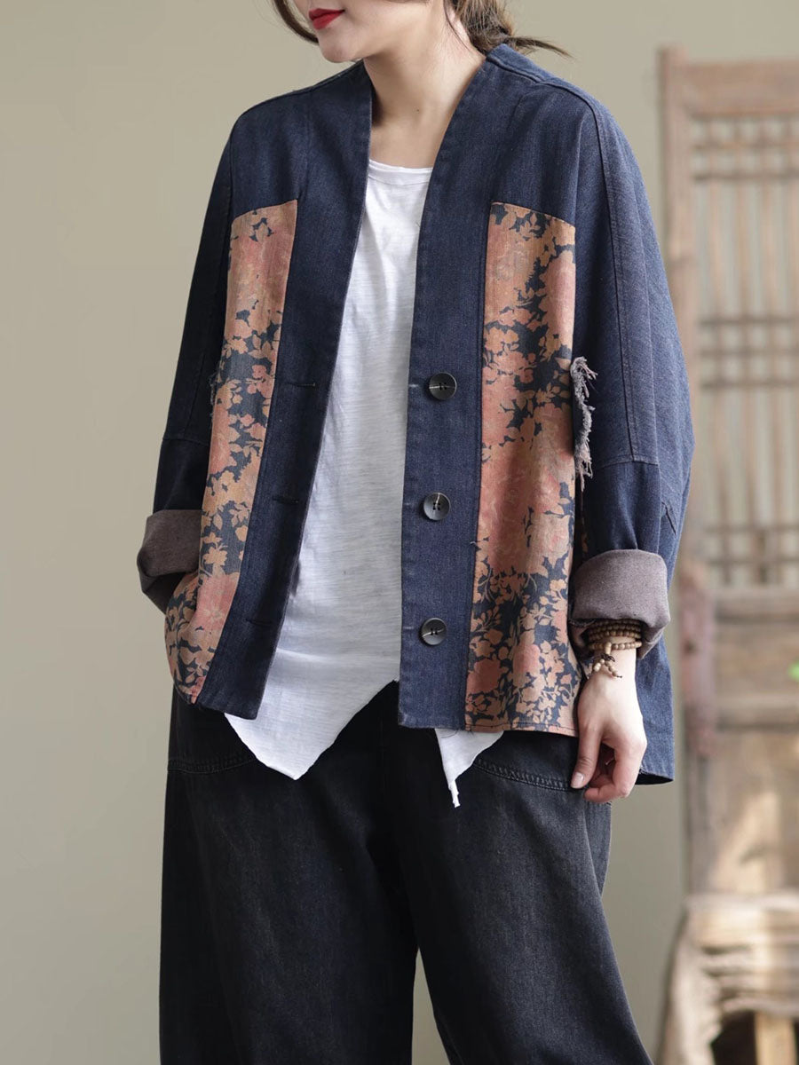 Spring Artsy Spliced Tie-dye Button Denim Coat