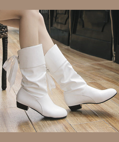 European and American Style White Chunky Lace Up Splicing Boots