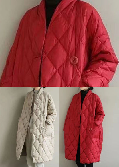 Apricot V Neck Pockets Fine Cotton Filled Puffers Jackets Winter
