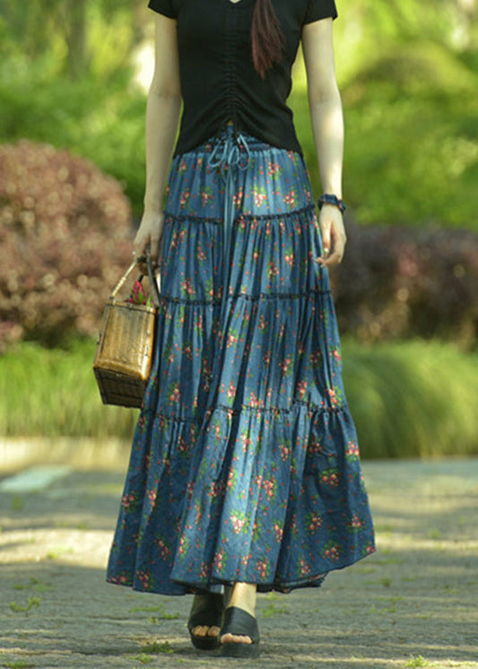 Blue Ruffled Print Exra Large Hem Cotton Skirt Spring