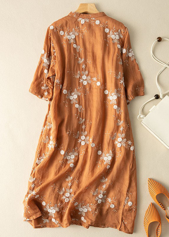Orange Embroidered Chinese Button Patchwork Linen Dress Summer