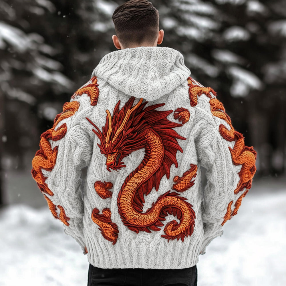 Men's Viking Dragon Celtic Thick Knit Zip-up Hooded Sweater artswardrobe
