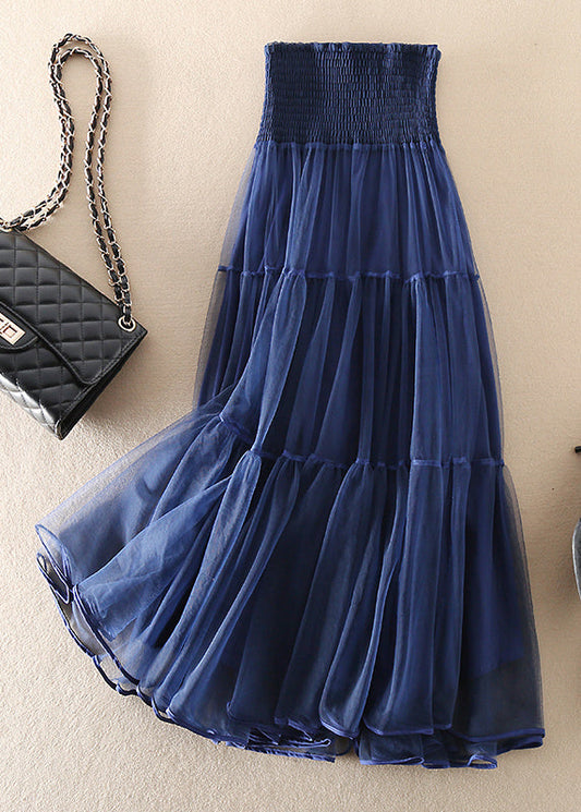 French Blue Wrinkled Patchwork Tulle Skirts Spring