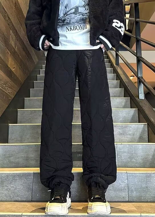 New Black Pockets Drawstring Cotton Filled Pants Winter