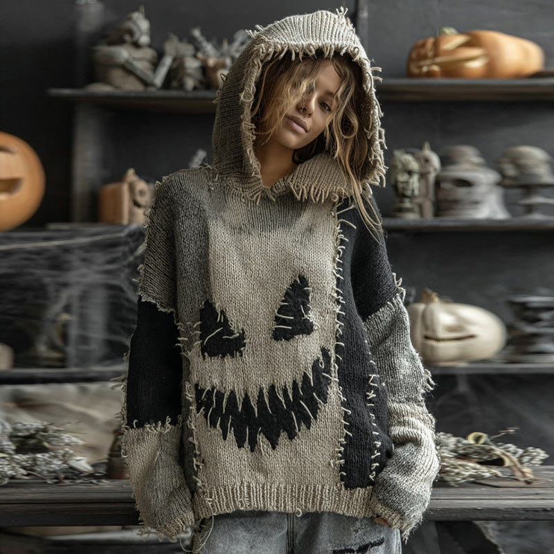 Halloween Spooky Face Contrast Stitched Hooded Sweater elevenforest